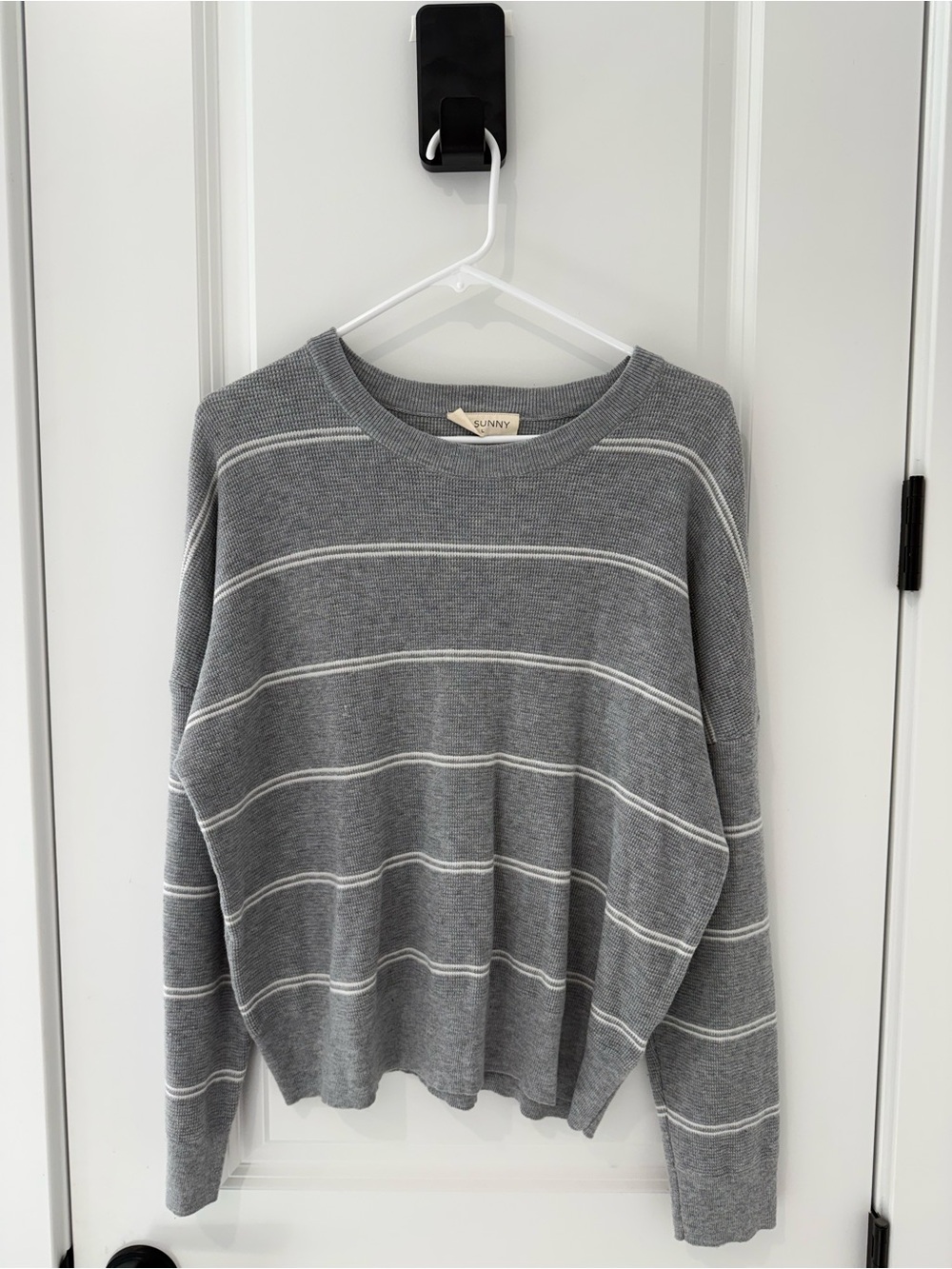 SUNNY Gray Striped Crewneck Sweater